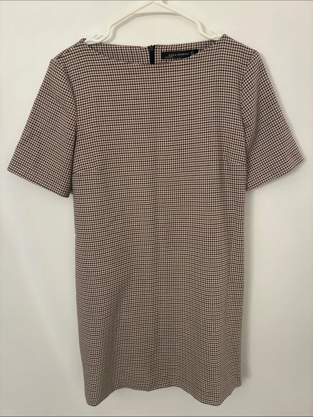 Zara Tan and Black Micro Houndstooth Short Sleeve Shirt